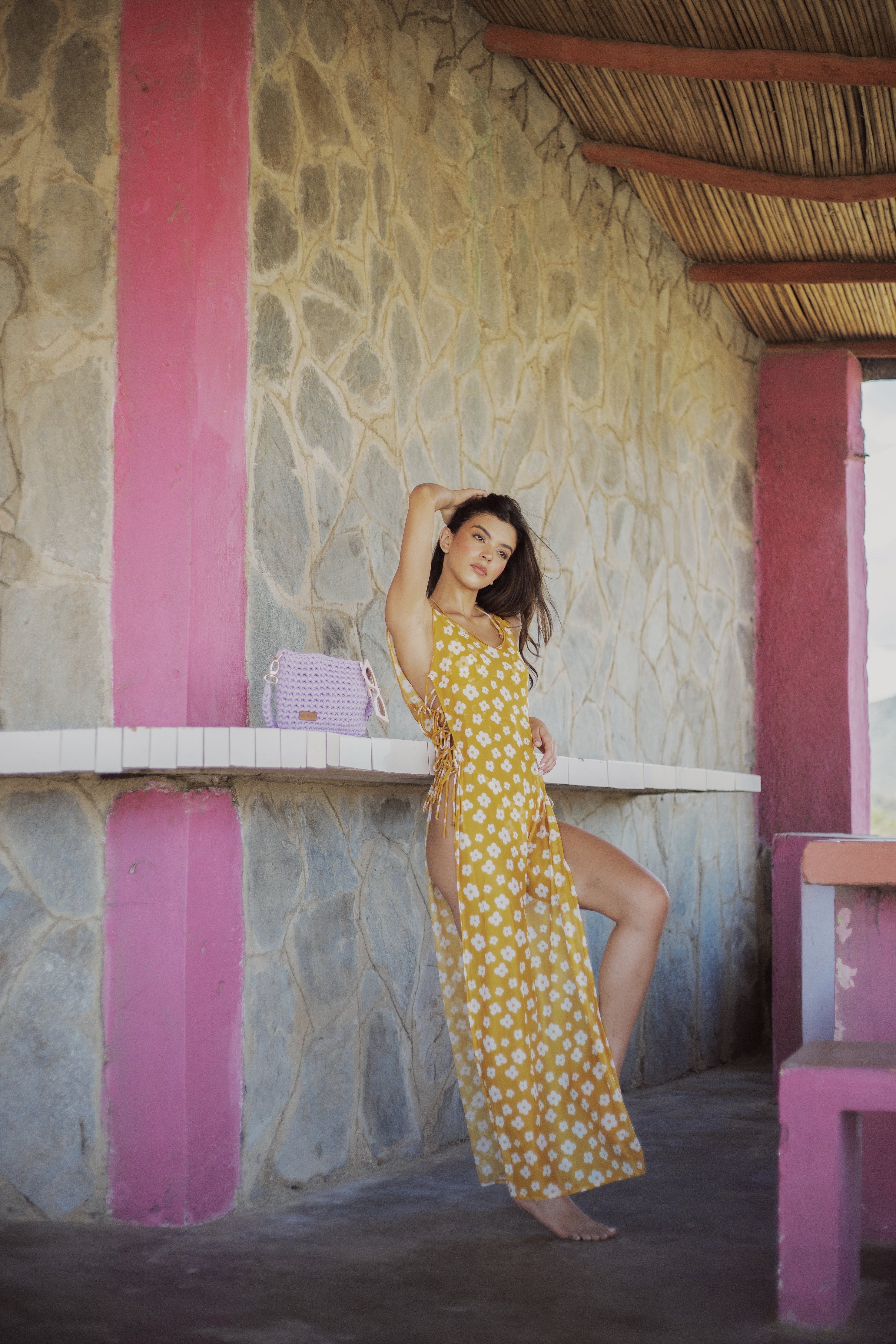 Antigua Dress Magnolia Flowers White on Yellow