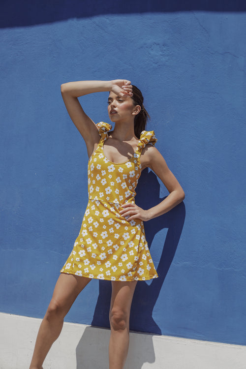 Odette Puffy Tennis Dress Flowers White on Yellow